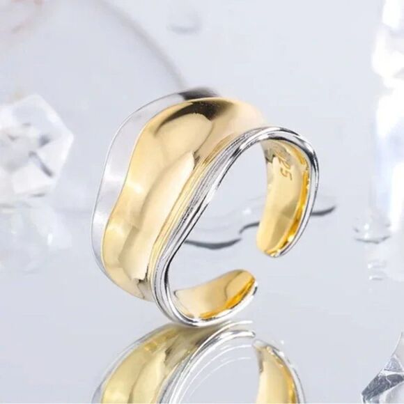 Gorgeous Gold / 925 Sterling Silver  Wide Band Ring Adjustable - Picture 4 of 14